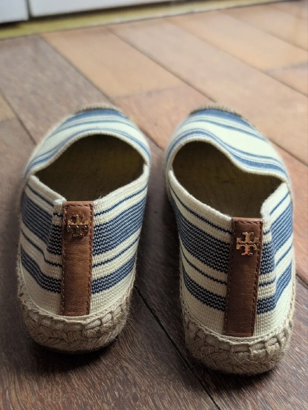 Tory Burch Cream Canvas Slip-Ons with Navy Stripes. Size 6.5